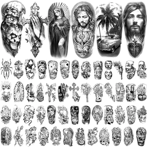 77 Fogli Tatuaggi Temporanei, Tatuaggi Finti Chicano Guadalupe Gangster Prigioniero Giorno dei Morti, Cultura Lowrider miniatura 2