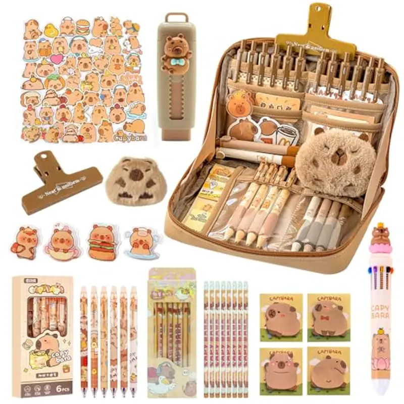 81 Pièces Set di Cancelleria Capibara, Astuccio Capibara con Accessori, Capybara Set Cancelleria, Astuccio Grande Capibara, Grazioso Set di Cancelleria per Ufficio/Scuola/Studenti/Bambini