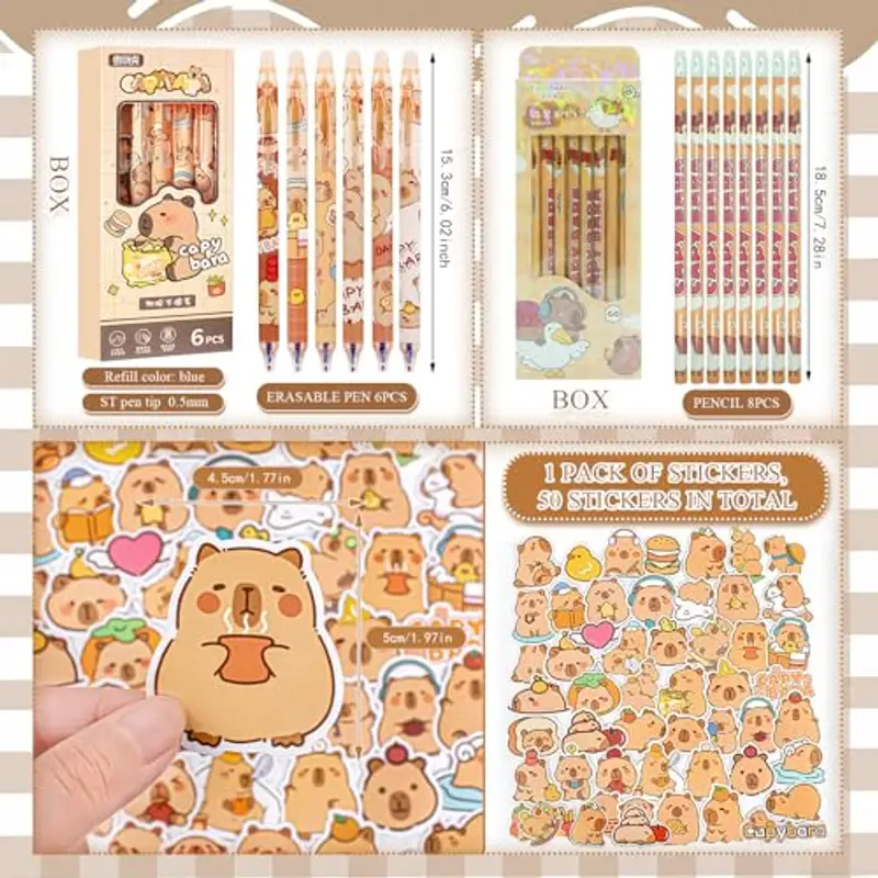 81 Pièces Set di Cancelleria Capibara, Astuccio Capibara con Accessori, Capybara Set Cancelleria, Astuccio Grande Capibara, Grazioso Set di Cancelleria per Ufficio/Scuola/Studenti/Bambini miniatura 3
