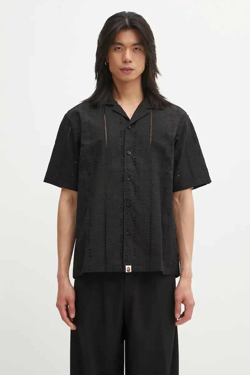 camicia in cotone Embroidery Open Collar uomo colore nero 1L30132305