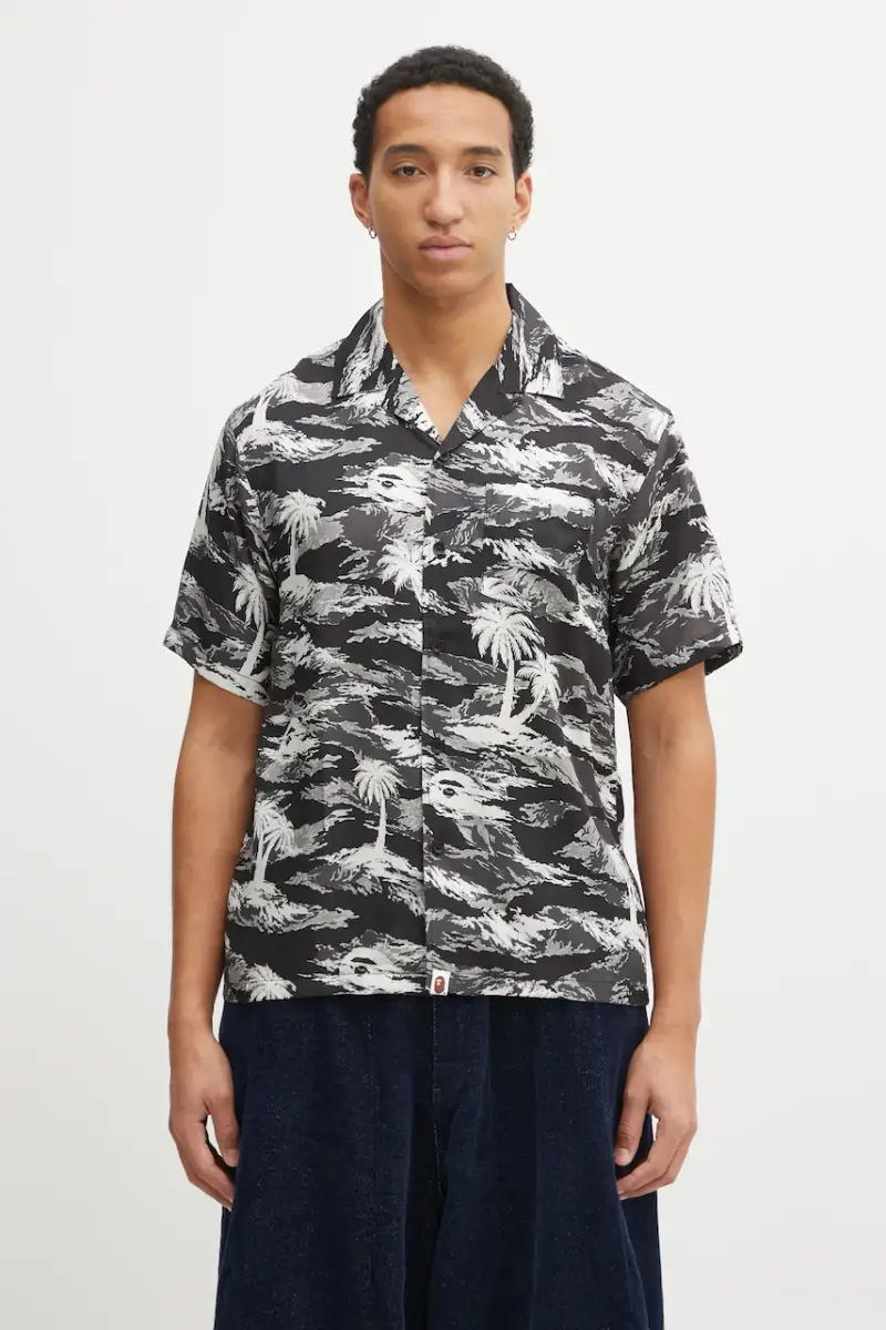 camicia Palm Tree Camo Open Collar uomo colore nero 1L30132306
