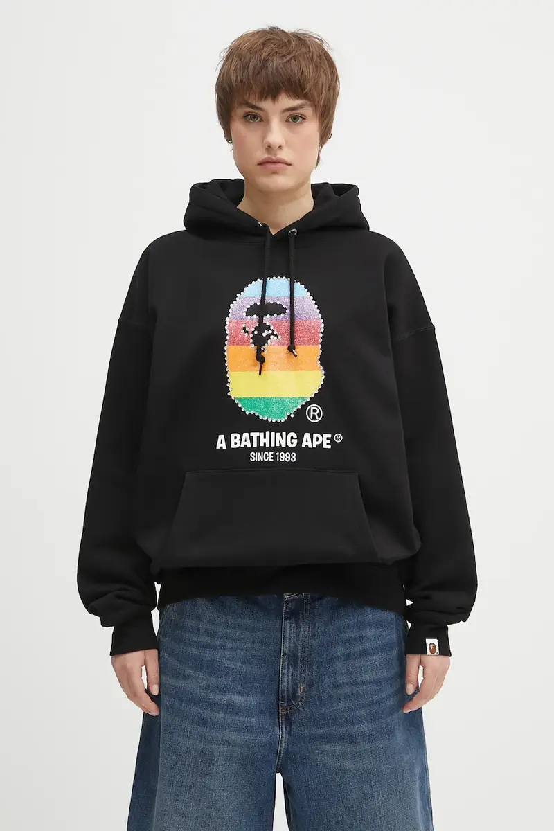 felpa in cotone Crystal Ape Head Oversized Pullover colore nero con cappuccio 1L30214003