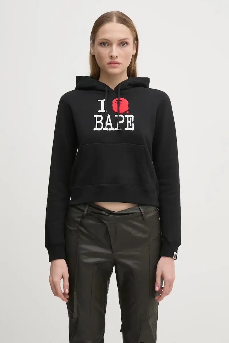 felpa in cotone I LOVE BAPE PULLOVER HOODIE donna colore nero con cappuccio con applicazione 1K80214002