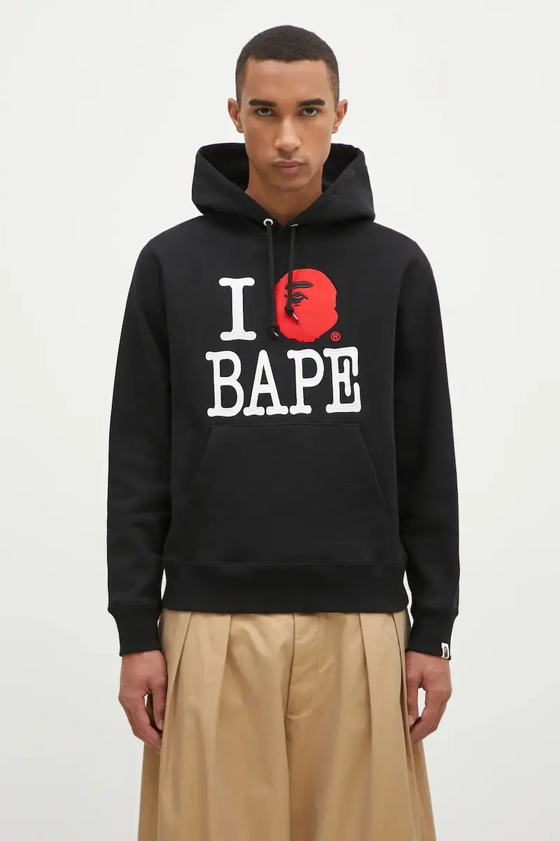 felpa in cotone I Love Bape Pullover uomo colore nero con cappuccio con applicazione 1K80114005