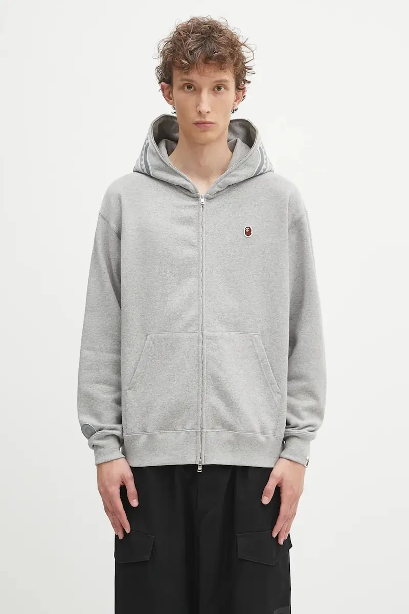 felpa in cotone One point APE head shark uomo colore grigio con cappuccio con applicazione 1K80115305