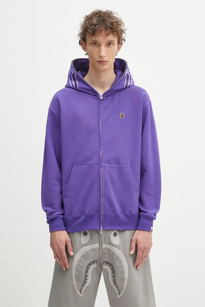 felpa in cotone One point APE head shark uomo colore violetto con cappuccio con applicazione 1K80115305