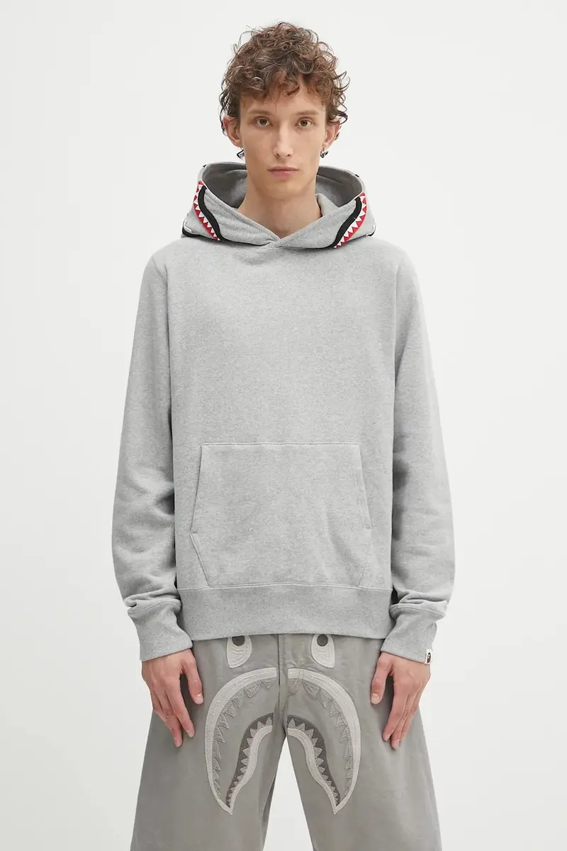 felpa in cotone Shark uomo colore grigio con cappuccio con applicazione 1K80114013