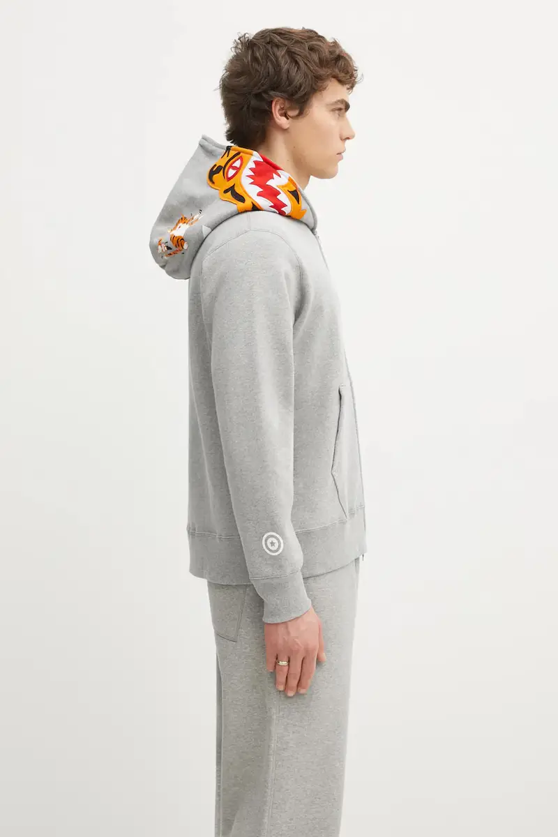 felpa in cotone Tiger Full Zip colore grigio con cappuccio con applicazione 1L30115006 miniatura 4