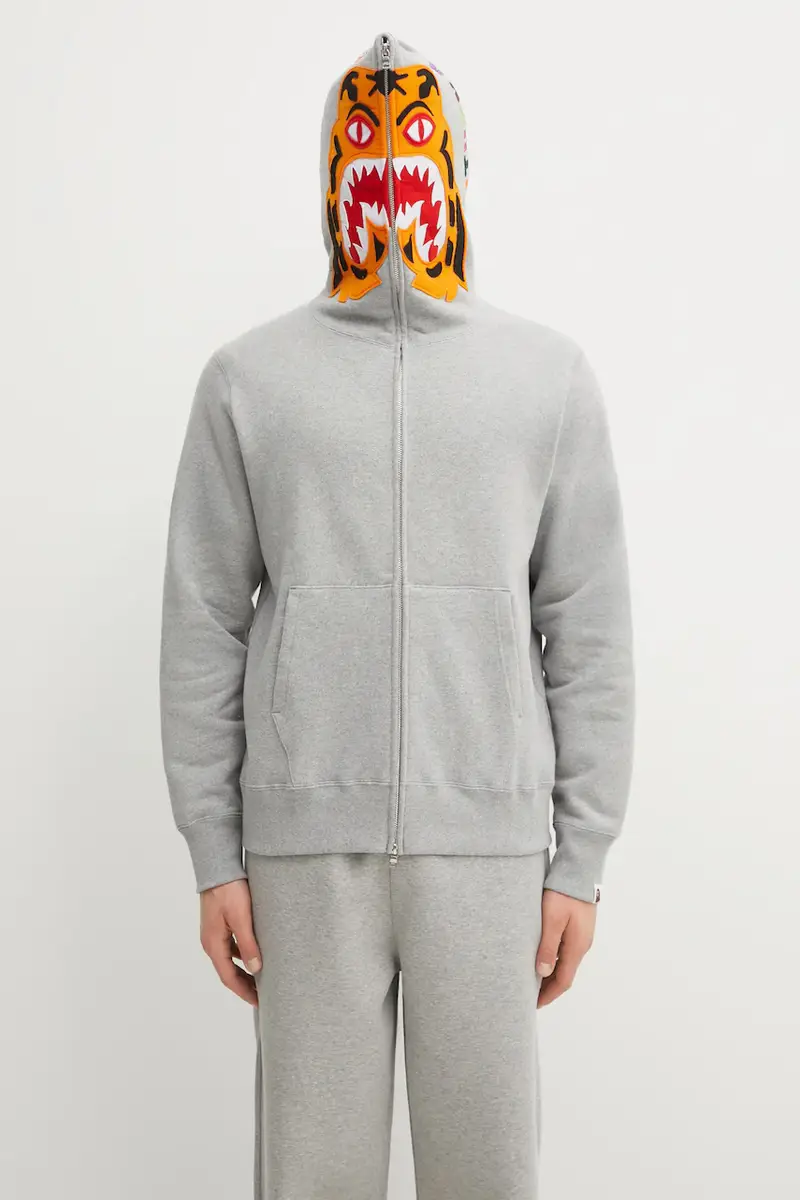 felpa in cotone Tiger Full Zip colore grigio con cappuccio con applicazione 1L30115006 miniatura 5