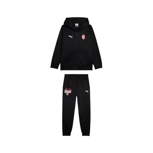 A.C. Milan Kit Felpa con Cappuccio e Pantaloni Bambino Set 2 Pezzi con Logo Puma, Prodotto Ufficiale, Nero, 12 Anni