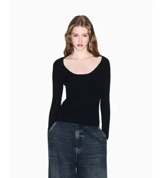 per donna XW001310AF10352UC001 maglietta nera a coste (XS), Nero, Casual, Viscosa, Manica lunga