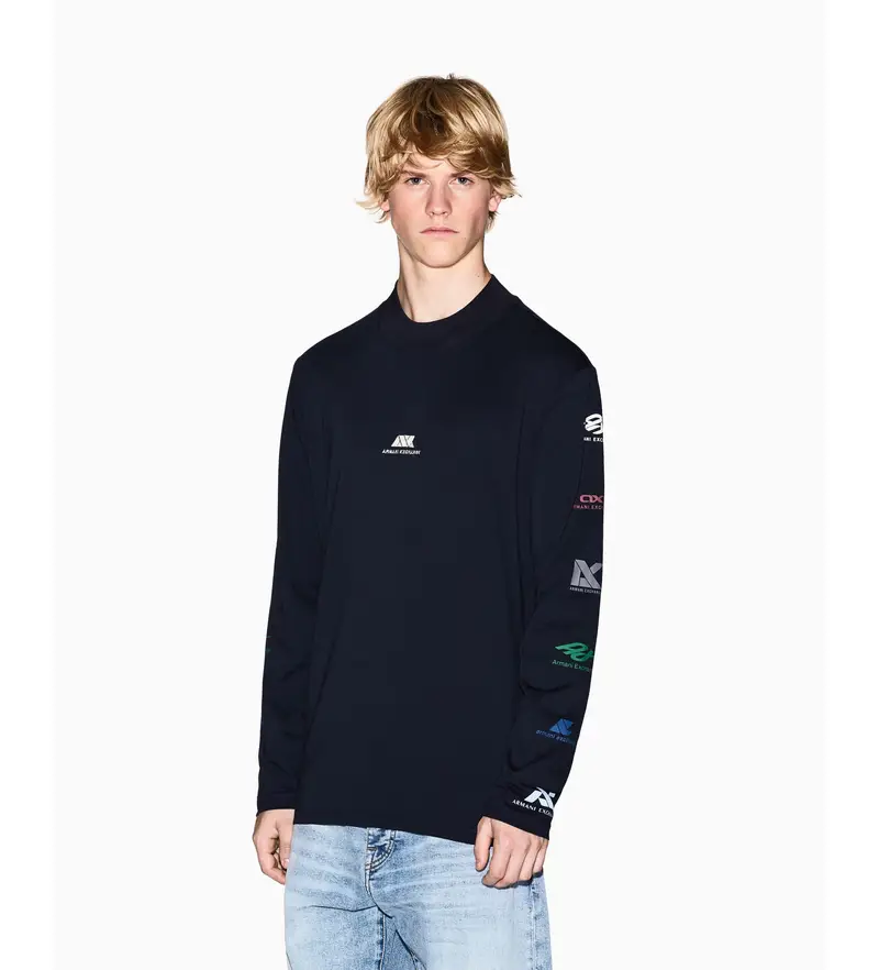 per uomo XM001434AF10362UB101 Maglietta blu navy multilogo (XS), Casual, Cotone, Manica lunga