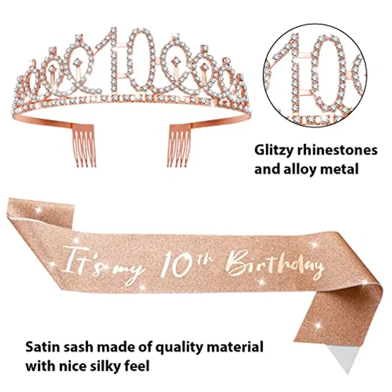 Abeillo 10 Anni Coroncina Compleanno, Corona 10 Anni Ragazza, 'It's My 10th Birthday' Sash con Cristallo Strass Corona, Fascia Compleanno per Feste di Compleanno, Set di Decorazione per Il 10 Anni miniatura 3