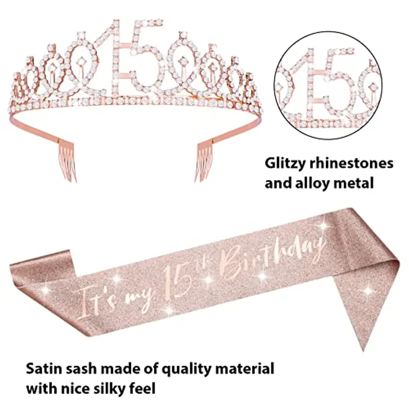 Abeillo 15° Corona di compleanno, 15° compleanno, corona e fascia, corona per 15° compleanno, corona per 15° compleanno, corona per 15° anni, decorazione di compleanno miniatura 2