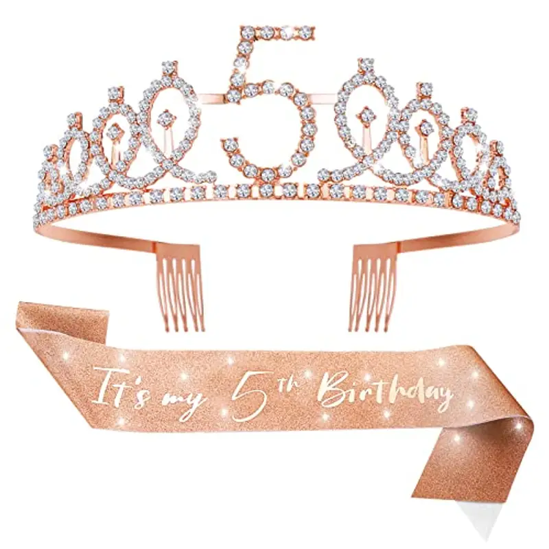 Abeillo 5 Anni Coroncina Compleanno, Corona 5 Anni Ragazza, 'It's My 5th Birthday' Sash con Cristallo Strass Corona, Fascia Compleanno per Feste di Compleanno, Set di Decorazione per Il 5 Anni