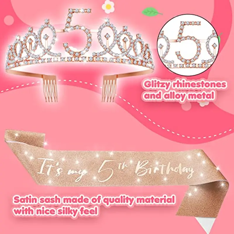 Abeillo 5 Anni Coroncina Compleanno, Corona 5 Anni Ragazza, 'It's My 5th Birthday' Sash con Cristallo Strass Corona, Fascia Compleanno per Feste di Compleanno, Set di Decorazione per Il 5 Anni miniatura 3