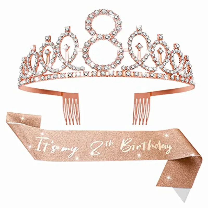 Abeillo 8 Anni Coroncina Compleanno, Corona 8 Anni Ragazza, 'It's My 8th Birthday' Sash con Cristallo Strass Corona, Fascia Compleanno per Feste di Compleanno, Set di Decorazione per Il 8 Anni