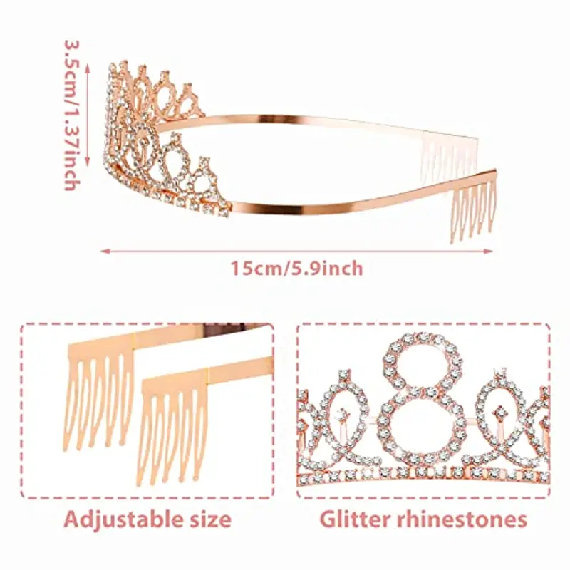 Abeillo 8 Anni Coroncina Compleanno, Corona 8 Anni Ragazza, 'It's My 8th Birthday' Sash con Cristallo Strass Corona, Fascia Compleanno per Feste di Compleanno, Set di Decorazione per Il 8 Anni miniatura 3