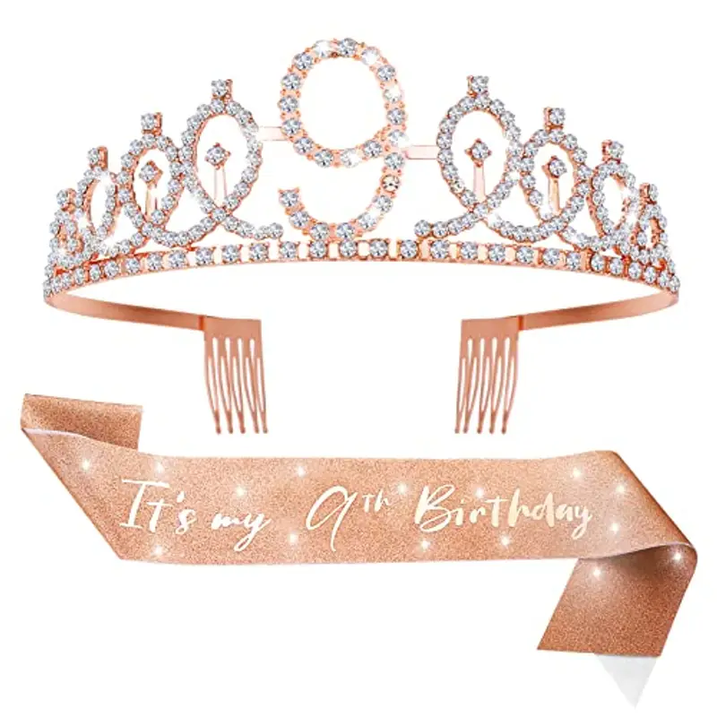 Abeillo 9 Anni Coroncina Compleanno, Corona 9 Anni Ragazza, It's My 9 th Birthday' Sash con Cristallo Strass Corona, Fascia Compleanno per Feste di Compleanno, Set di Decorazione per Il 9 Anni