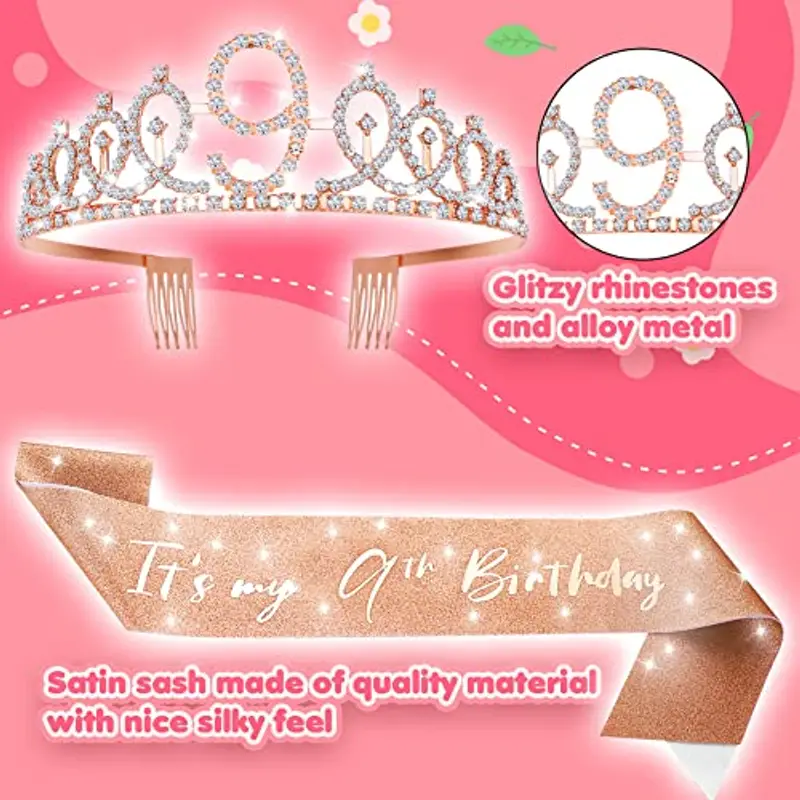 Abeillo 9 Anni Coroncina Compleanno, Corona 9 Anni Ragazza, It's My 9 th Birthday' Sash con Cristallo Strass Corona, Fascia Compleanno per Feste di Compleanno, Set di Decorazione per Il 9 Anni miniatura 3