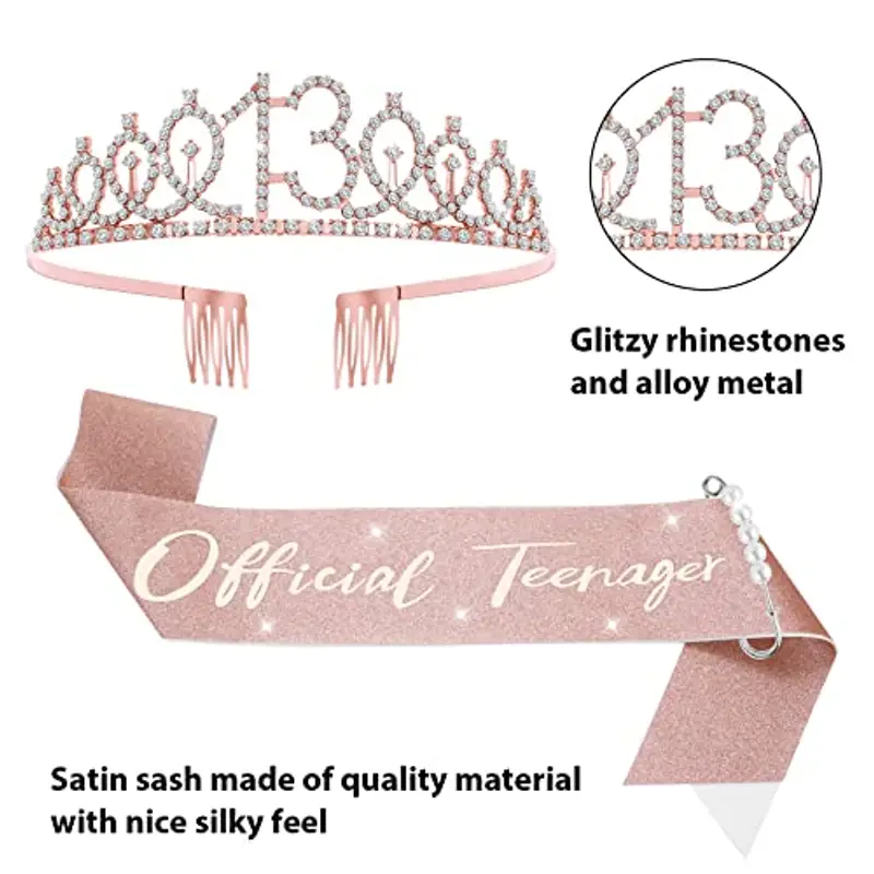 Abeillo Coroncina Compleanno, Corona Ragazza, It's My Birthday' Sash con Cristallo Strass Corona, Fascia Compleanno per Feste di Compleanno, Set di Decorazione per Compleanno (13th) miniatura 3
