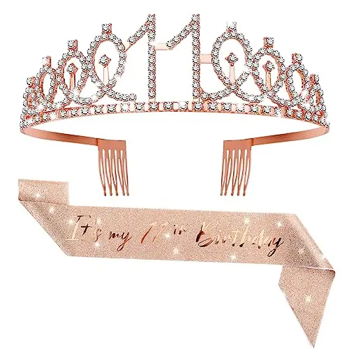 Abeillo Fascia e tiara per 11° compleanno per ragazze, corona di compleanno in oro rosa 11 e favolosa decorazione in