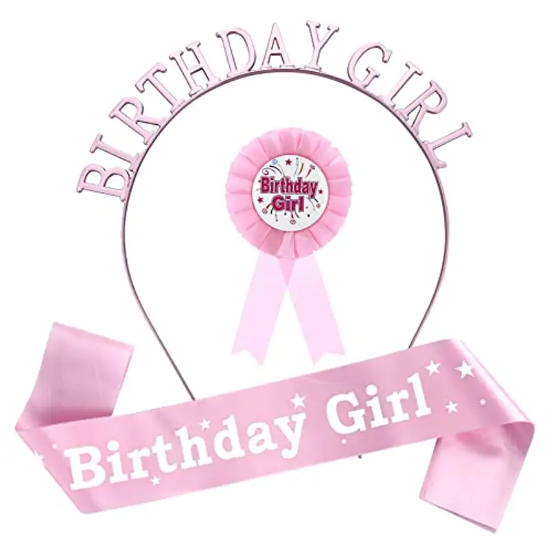 Abeillo set di 3 Decorazioni per Compleanno Ragazza, Rosa Compleanno Ragazza Fascia Diadema e Nastro per Compleanno Premio per Compleanno per Bambini e Ragazze Forniture per Feste