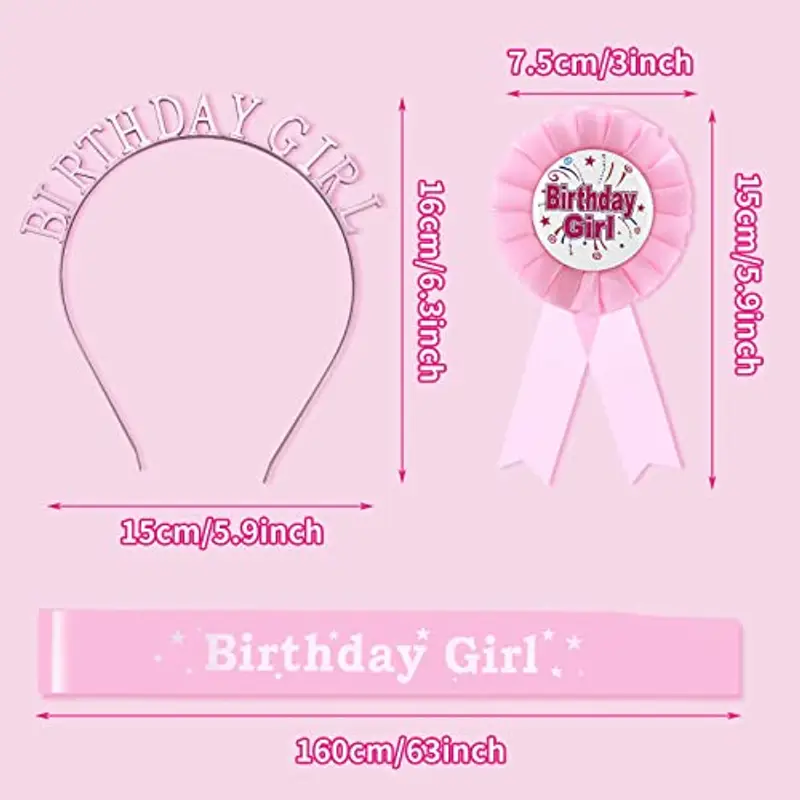 Abeillo set di 3 Decorazioni per Compleanno Ragazza, Rosa Compleanno Ragazza Fascia Diadema e Nastro per Compleanno Premio per Compleanno per Bambini e Ragazze Forniture per Feste miniatura 2