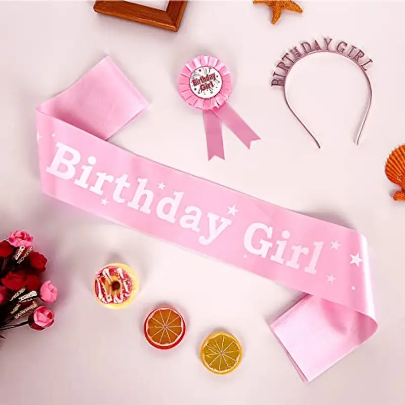 Abeillo set di 3 Decorazioni per Compleanno Ragazza, Rosa Compleanno Ragazza Fascia Diadema e Nastro per Compleanno Premio per Compleanno per Bambini e Ragazze Forniture per Feste miniatura 3