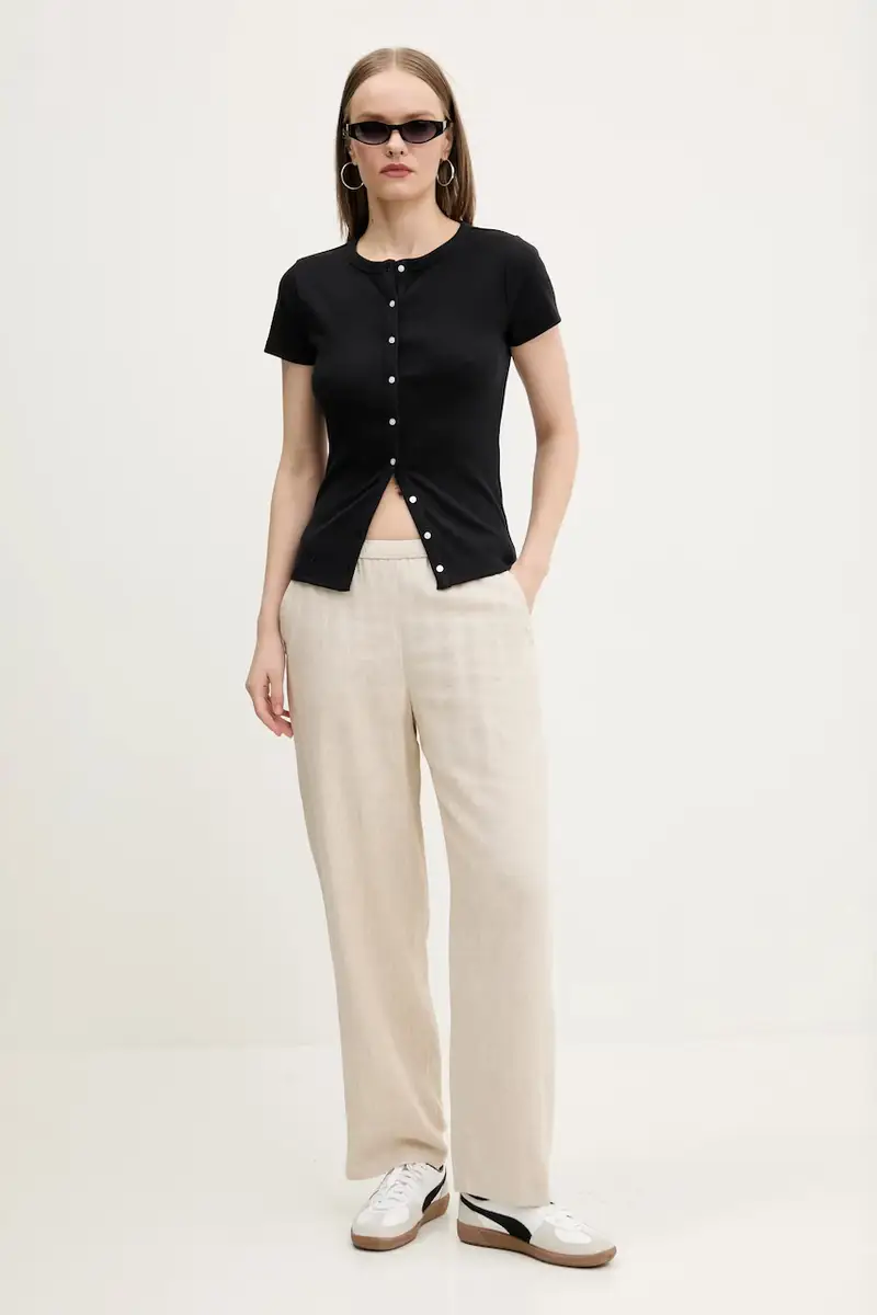 pantaloni in lino donna colore beige KI156-5129 miniatura 2