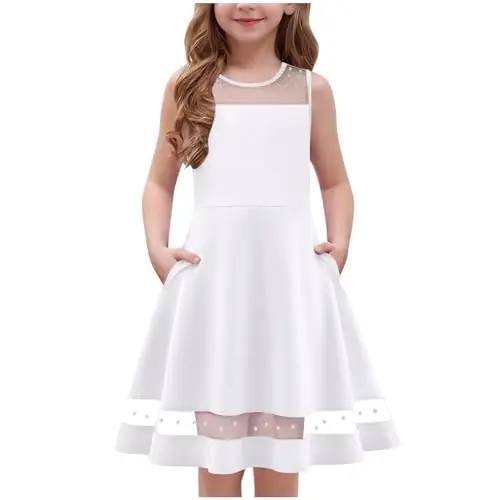 Abiti da Bambina Senza Manica Elegante Rete con Tasca Vestito Estivo A-Line Cotone Abito Principessa per Ragazza 5-13