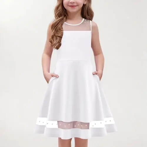 Abiti da Bambina Senza Manica Elegante Rete con Tasca Vestito Estivo A-Line Cotone Abito Principessa per Ragazza 5-13 miniatura 2