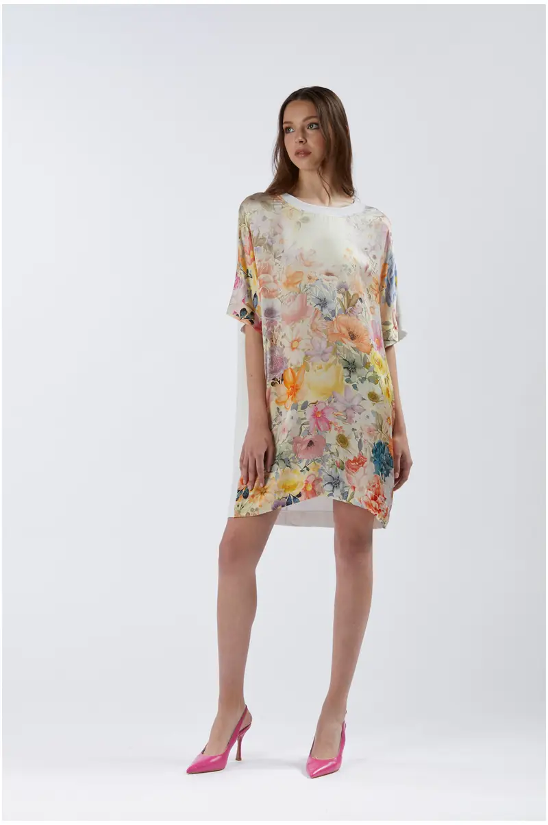 abito bimateriale con davanti stampato flower panel s