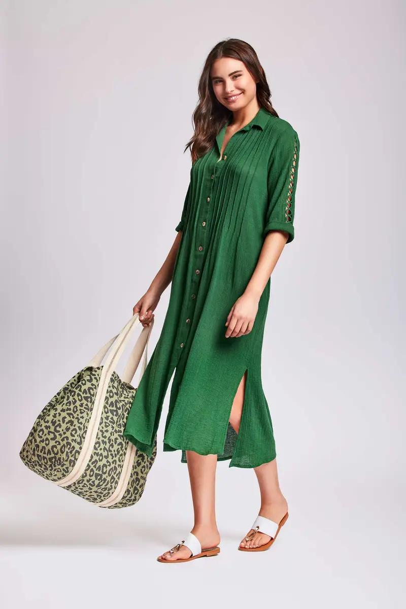 ABITO CAMICIA LUNGO CON MERLETTI INTARSIATI | Colore: Verde | Taglia: M