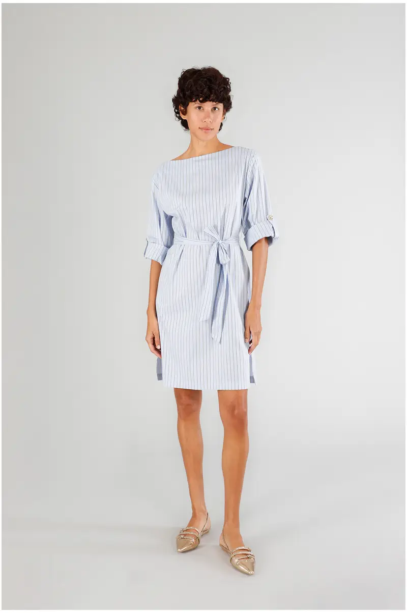 abito con scollo a barca e fusciacca rigato celeste xl