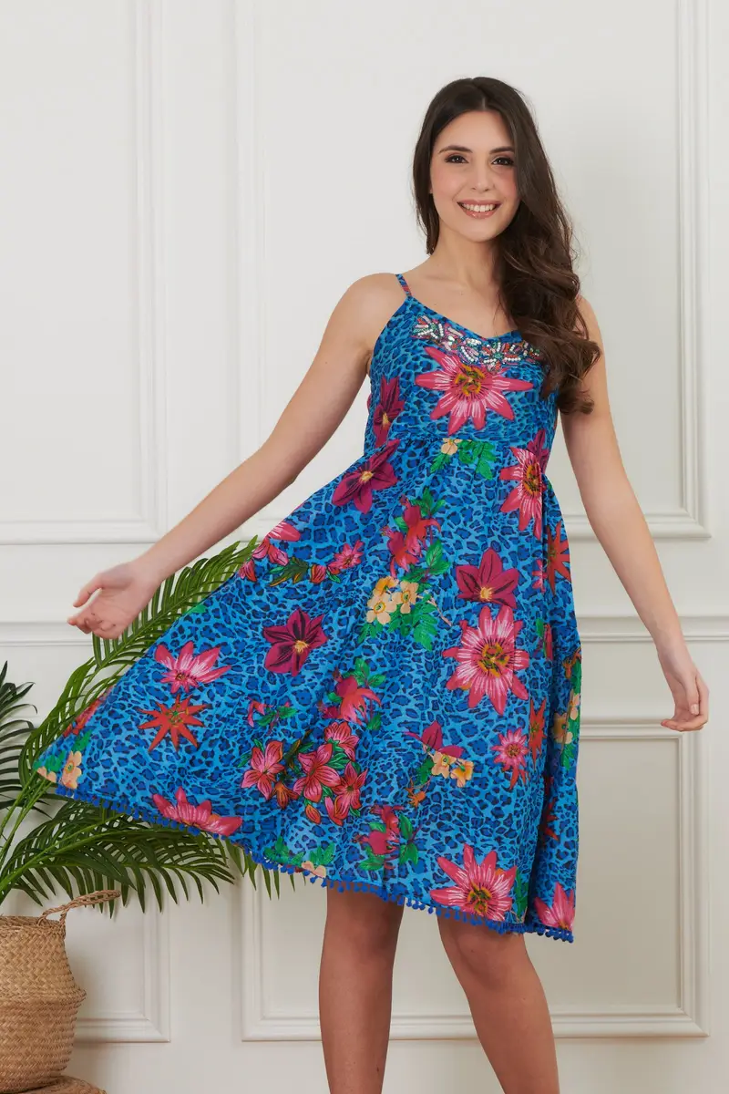 ABITO CON SPALLINE E PERLINE | Colore: Fiori | Taglia: L/XL