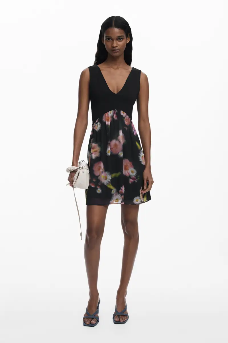 Abito corto bimateriale a fiori