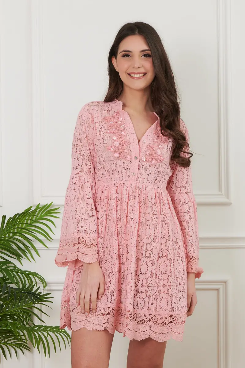 ABITO IN PIZZO RICAMATO | Colore: Rosa | Taglia: L/XL