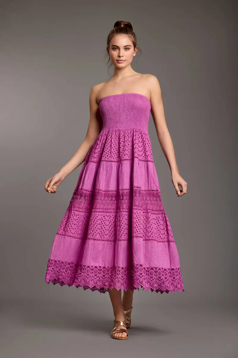 ABITO LUNGO A FASCIA CON RICAMI IN PIZZO MARLENA | Colore: Viola | Taglia: M