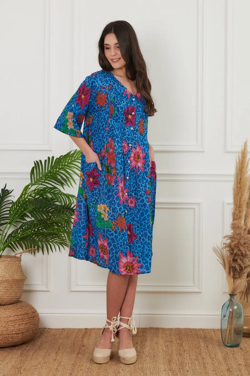 ABITO LUNGO CON BOTTONI E TASCHE LATERALI | Colore: Fiori | Taglia: S/M