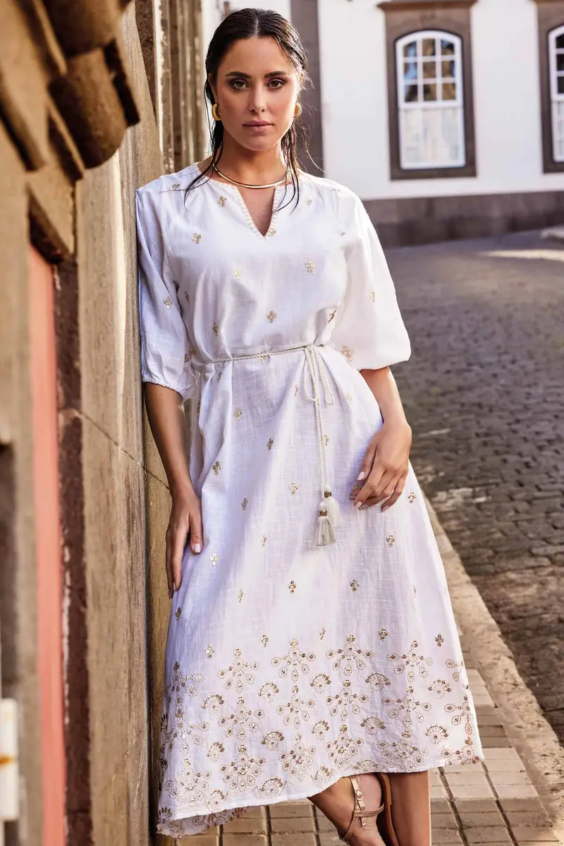 ABITO LUNGO CON CINTURA IN VITA MICHELLE | Colore: Bianco | Taglia: XL