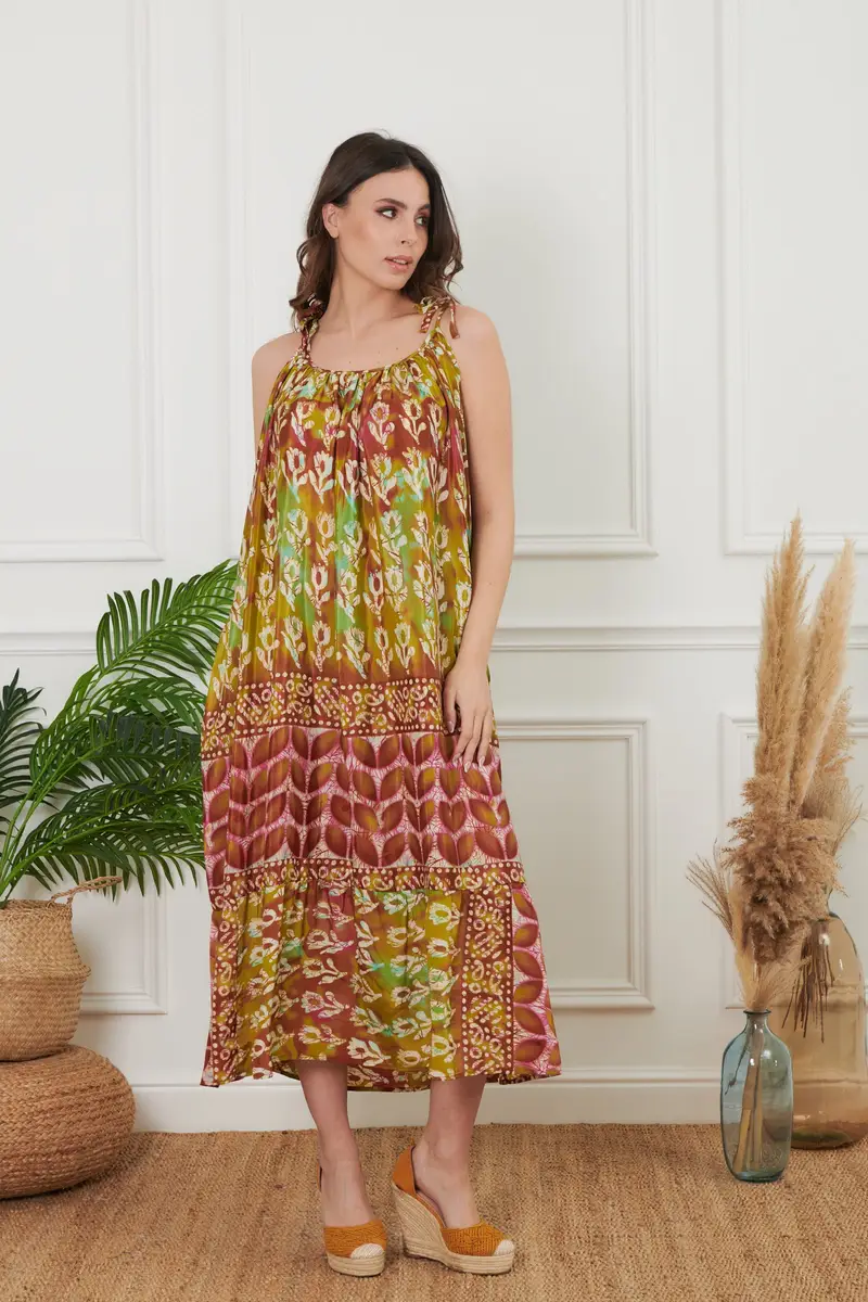 ABITO LUNGO CON LACCETTI FLOWER | Colore: Marrone | Taglia: One size