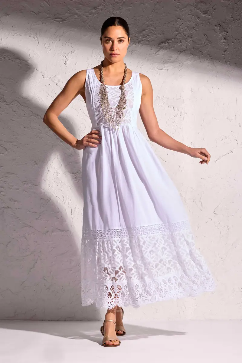 ABITO LUNGO CON RICAMI IN PIZZO GAIA | Colore: Bianco | Taglia: L