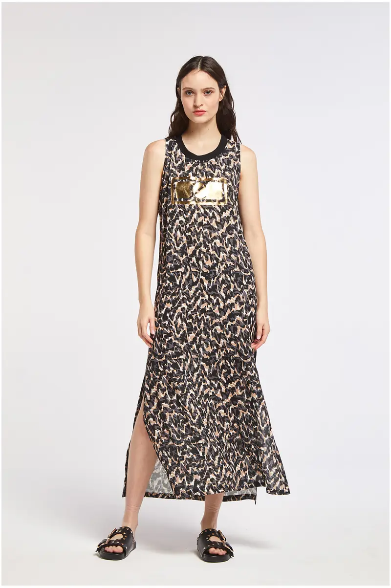 abito lungo in jersey stampato con logo camouflage multibeige