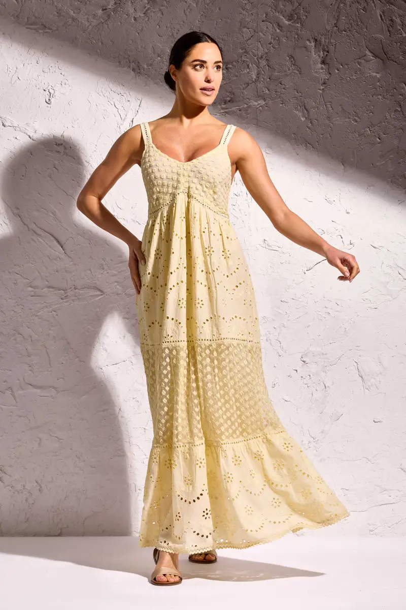 ABITO LUNGO IN PIZZO PREGIATO AURA | Colore: Giallo | Taglia: S