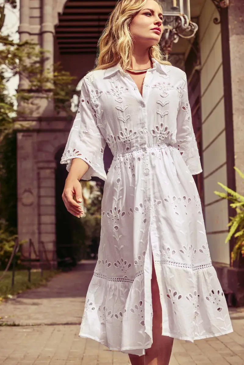 ABITO LUNGO IN PREGIATO PIZZO SANGALLO VERA | Colore: Bianco | Taglia: S