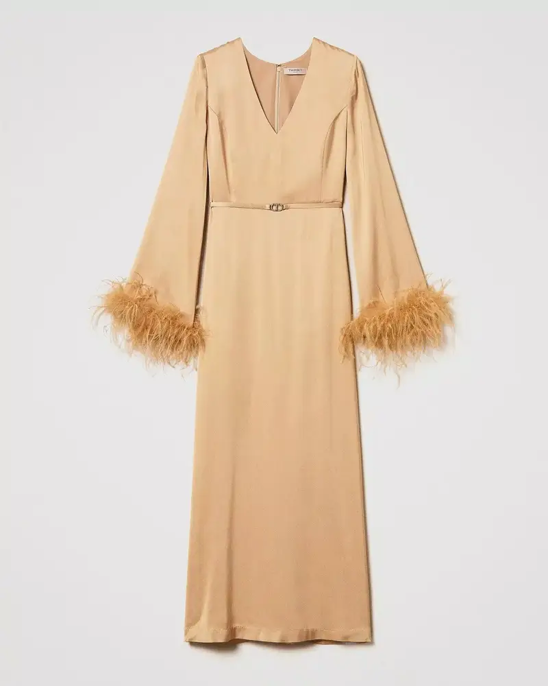 Abito lungo in raso con piume Arancio