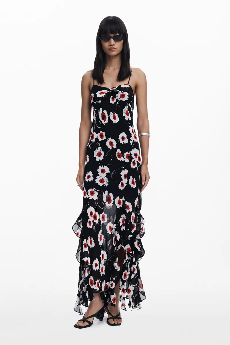 Abito midi con papaveri e volant