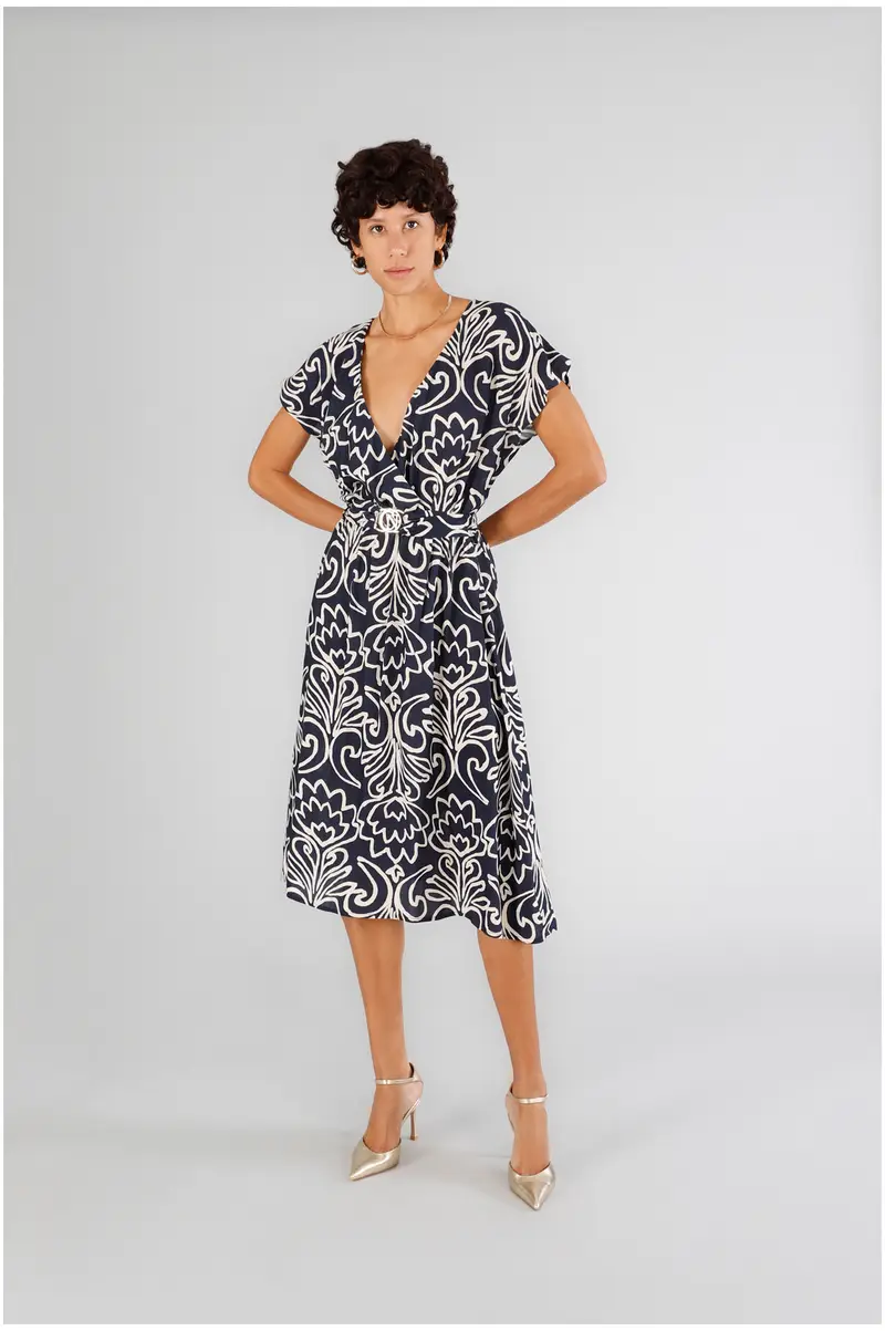 abito scollatura incrociata in marocaine stampato arabesco multiblu m