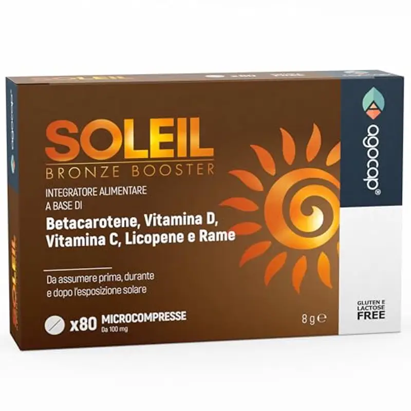 Acceleratore Abbronzatura Forte, SOLEIL. Integratore abbronzatura, 80 compresse con Betacarotene, Rame, Selenio, Licopene, Vitamine C, D, E, B. Autoabbronzante corpo - Prepara, Accelera e mantiene